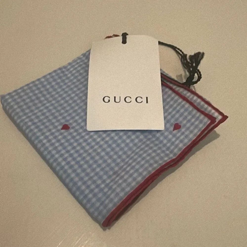Gucci Cotton Square Scarf Blue White Gingham Plaid & Hearts Cutesy Cottagecore